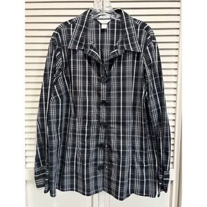 CJ Banks Blk/White Plaid Long Sleeve Shirt Size 3XL Faux Button Snaps Collar
